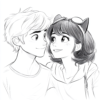 A charming black-and-white illustration of a young boy and girl, drawn in a cartoon style, looking at each other with warm expressions. The girl has short hair with cat-ear accessories and goggles, while the boy has tousled hair.