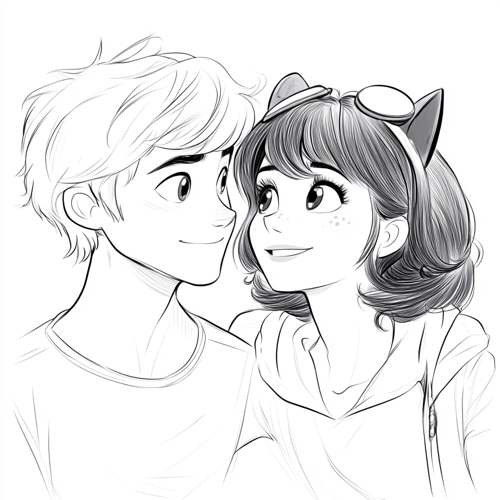 A charming black-and-white illustration of a young boy and girl, drawn in a cartoon style, looking at each other with warm expressions. The girl has short hair with cat-ear accessories and goggles, while the boy has tousled hair.